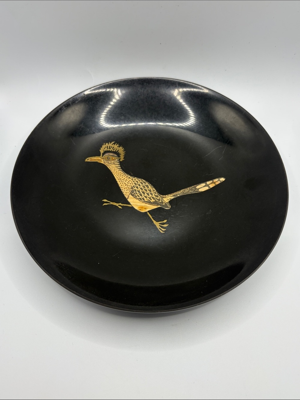 Couroc Vintage Roadrunner Bird Dish Mid Century Modern Brass Inlay Shallow Bowl